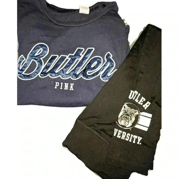 Rare Victoria Secret Pink "Butler" Navy Sweatshirt and Black Leggings Sz. M - Picture 2 of 8